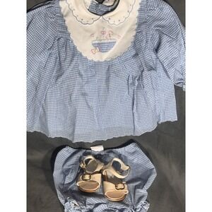 Joyeux Gamins Happy Kids Vintage Blue Gingham Dress Baby 12 Mon. Bloomer + Shoes